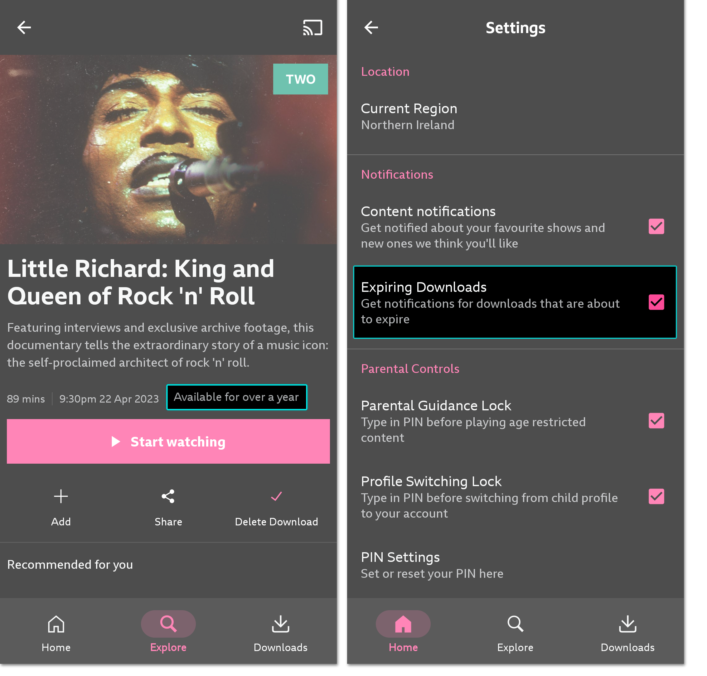 Two screenshots from the BBC iPlayer mobile/tablet app. The first shows an episode page with the availability highlighted. The second shows the Settings page with the Downloads Expiry notification option highlighted. 