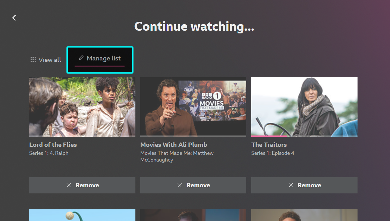 Image of the full Continue watching list on the iPlayer TV app. The 'Manage list' option is highlighted and the 'Remove' button is visible below all programmes on the list