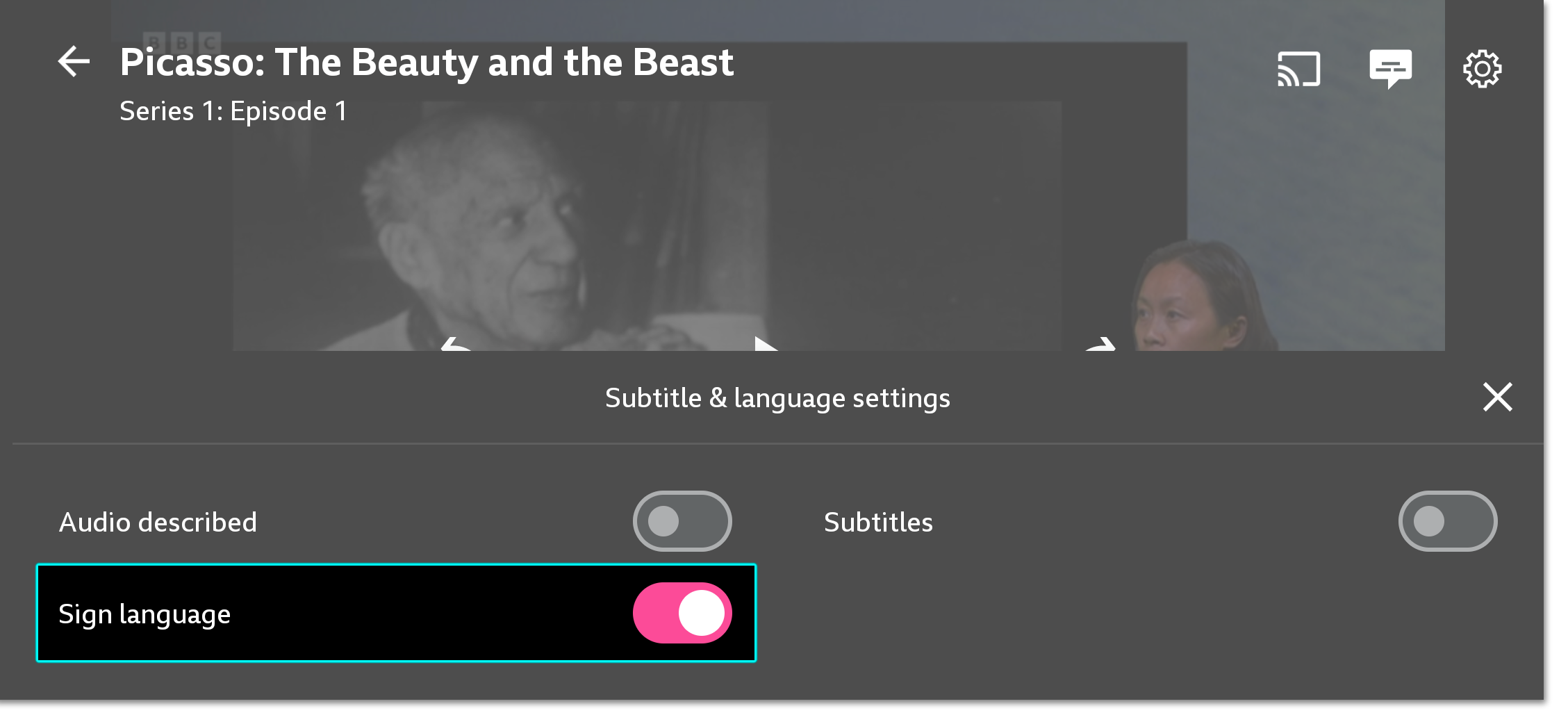 Image of the playback screen on the iPlayer mobile app. The accessibility options are open and the Sign Language option is highlighted