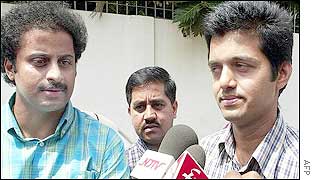 Pritam Nagappa (R), son of abducted former minister, after meeting Karnataka's chief minister to discuss his father's abduction