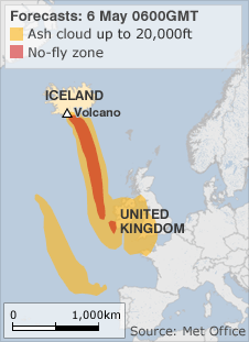 Map of UK showing ash cloud 