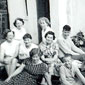 Outside the cottage in Tullaree with Marie's auntie Nora, auntie Kay, mum Dora, brother Hillary, auntie Josie, Mrs MacDonagh (neighbour), Maureen McCulloch and John O'Reilly-another neighbour who had driven Marie to the cottage