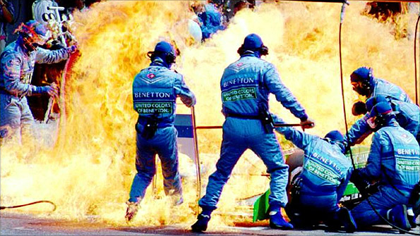 Jos Verstappen's Benetton catches fire in the pits at the 1994 German Grand Prix