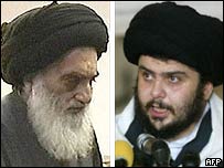 O aiatolá Ali Sistani e Moqtada Al-Sadr