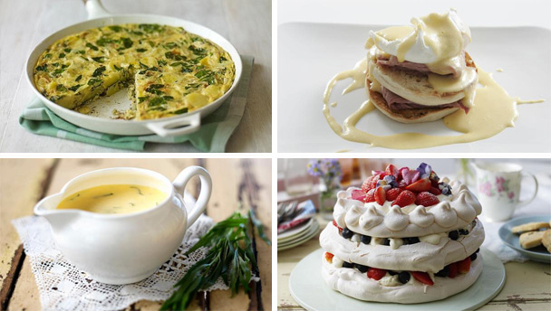 Tortilla, hollandaise sauce, bearnaise sauce and pavlova