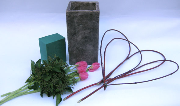 valentine bouquet - you will need: dogwood, berried tree ivy, tall rectangular vase, floral foam, 10-20 tulips