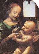 Mary, depicted as a girl in her teens, is smiling and showing a flower to the baby Jesus on her lap