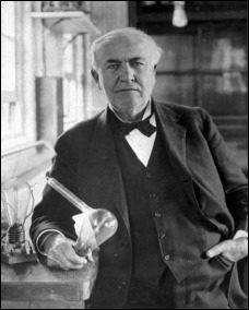 Thomas Alva Edison, who developed the first electric light bulb, is shown in his laboratory in this undated photo