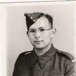 Pte Harold Pollins as a new recruit in the Queen's Royal (West Surrey)Regiment at Maidstone July 1944. Note the haircut.