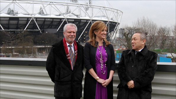 West Ham owners David Gold and David Sullivan and vice chairman Karren Brady celebrate their winning bid in February