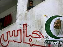 cartaz de campanha do Hamas com foto do falecido Sheik Ahmed Yassin