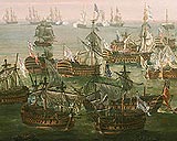 The end of the Battle of Trafalgar - fleeing French and Spanish ships on the horizon