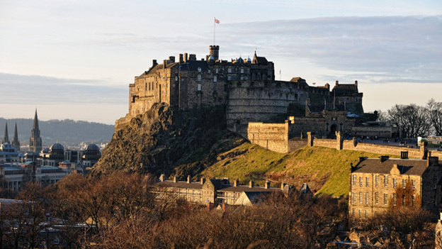 Edinburgh Castle in early evening sunlight, viewed from the South-East