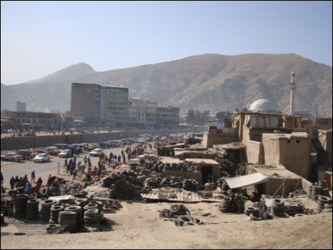 View of dried out Kabul river.