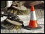 Street cleaning machine in operation