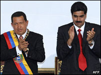 O presidente da Venezuela, Hugo Chávez, e o chanceler Nicolas Maduro